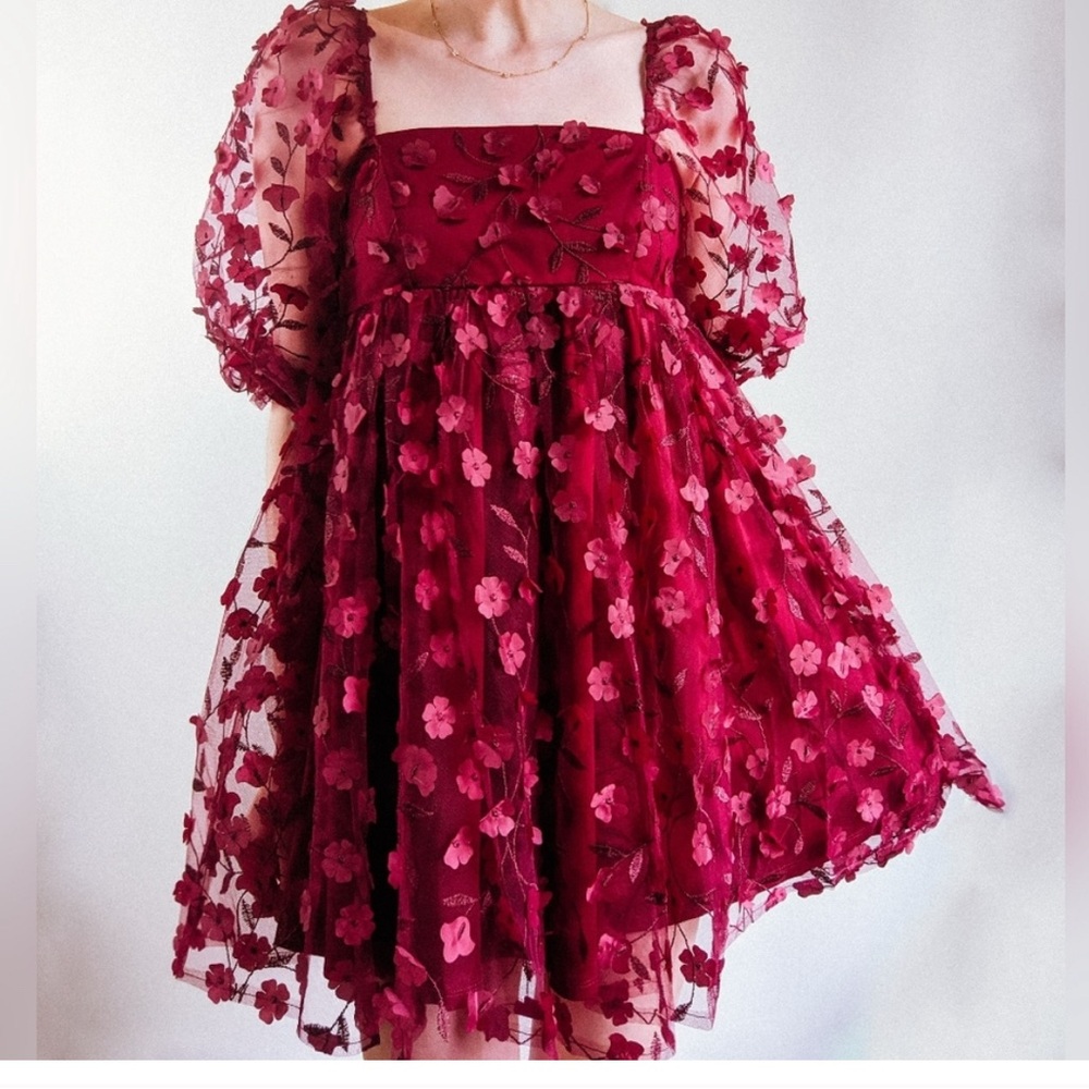 TCEC Burgundy 3D Floral Baby Doll Mini Dress